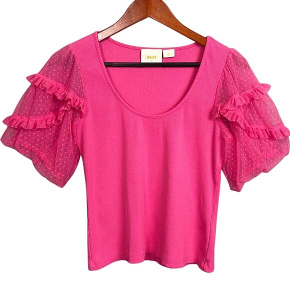 Anthropolgie Maeve Bright Pink Ribbed Top Sheer Ruffled Sleeves Size MP Barbie - Picture 2 of 8